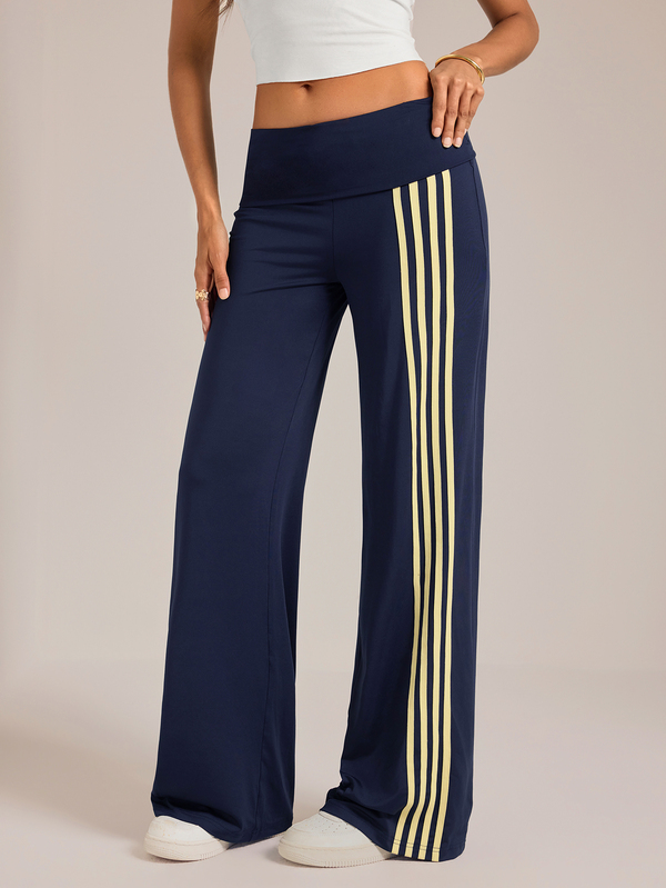 SHEIN Tall Calças casuais slim fit de perna reta para mulheres altas, com detalhe de painel de fita azul-marinho