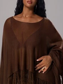 Rustia Sweater Ukuran Besar dengan Rumbai di Bagian Bawah dan Lengan Kelelawar untuk Musim Gugur - Coffee Brown - View 3