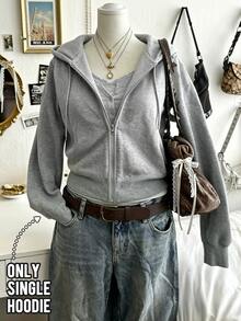 Lalippa Women's Solid Color Long Sleeve Casual Hooded Short Zip-Up Sweatshirt - Light Grey - View 1