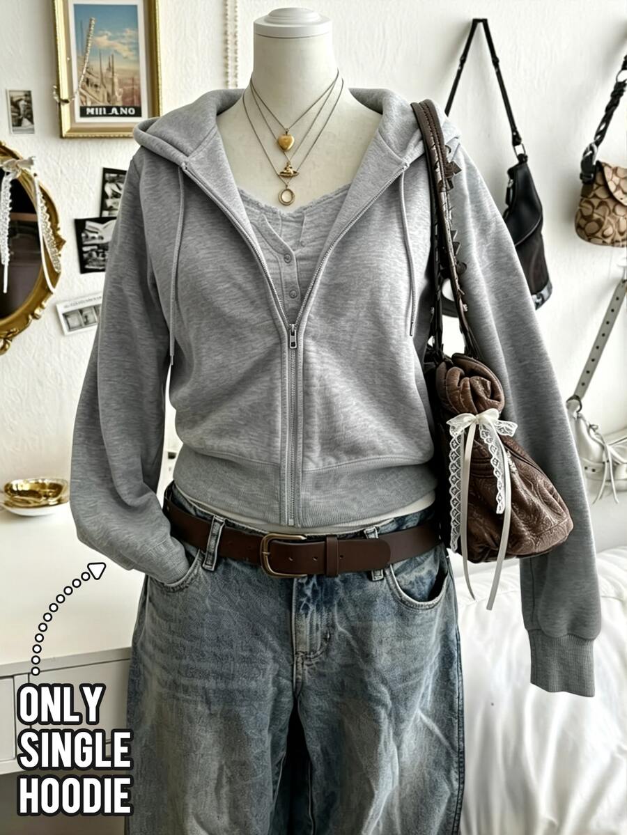Lalippa Women's Solid Color Long Sleeve Casual Hooded Short Zip-Up Sweatshirt - Light Grey - View 1