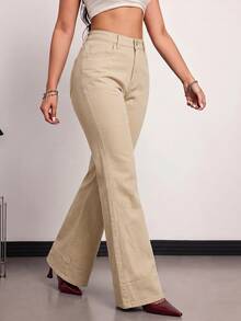 SHEIN Tall 女款休閒日常牛仔褲，附口袋與鈕扣設計 - 卡其色 - 查看 6