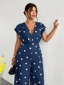 Firerie Plus Size Women Polka Dot Print V-Neck Wide Leg Jumpsuit - Navy Blue - View 3