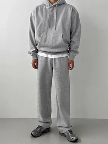 DAZY Men's Autumn/Winter Light Gray Floral Fleece Hoodie Sweatshirt And Straight Leg Sweatpants Set With Ribbed Hem And Cuffs, Elastic Waist - Grey - View 8