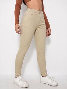 SHEIN Essnce Women's Fashion Versatile Button Pocket Denim Jeans - Mocha Brown - View 4