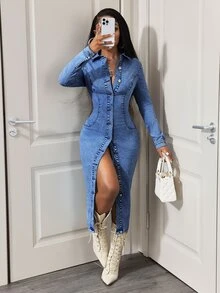 Slaydiva Gaun Denim Ukuran Besar Slim Fit Model Terbaru Musim Panas - Biru - View 5