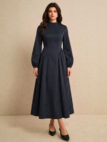 Poéselle Women's Striped Casual Party Long Dress,Suitable For The Office Or Teachers' Day.Winter Dress - Navy Blue - View 5