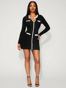 SHEIN SXY فستان نسائي محبوك كاجوال يومي بتصميم ألوان متباينة - أبيض وأسود - مشاهدة 6