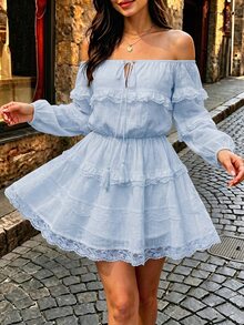 Cévolie Women's Summer Solid Color Lace Patchwork Ruffle Collar Tassel Tie Textured Dress - Blue - View 3