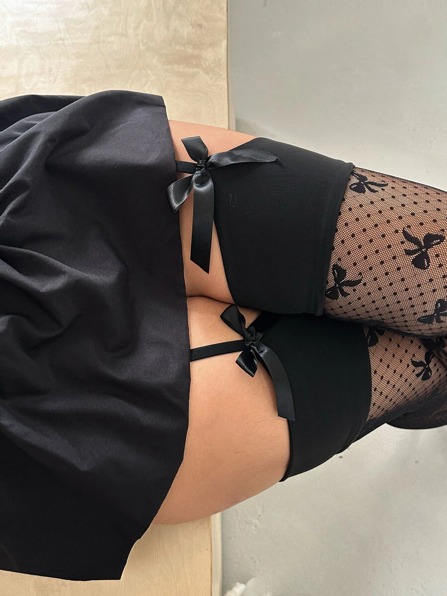 GalTyme 大尺碼女款春夏蝴蝶結裝飾網眼緊身褲 - 黑色 - 查看 1