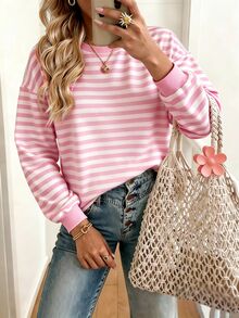 EMERY ROSE Women's Striped Print Long Sleeve Sweatshirt,Fall Casual School Back-To-School Retro Round Neck Top - Multicolor - View 1
