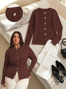 SHEIN BAE 大尺碼女款純色長袖金屬單排扣上衣 - 摩卡棕 - 查看 7
