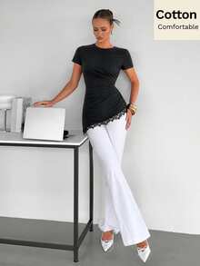 Siren Gaze Summer New Lace Patchwork Waist-Cinched Slimming Split Hem T-Shirt For Women - Black - View 3