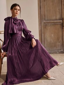 Anewsta Women's Long Grey-Green Dress, Spring/Autumn Style, Ruched Waist, Shiny Fabric, Elegant And Versatile - Purple - View 5