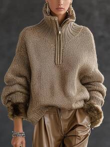 LUMIGAL Women's Solid Color Casual Versatile Daily Wear Long Sleeve Sweater - Khaki - View 2