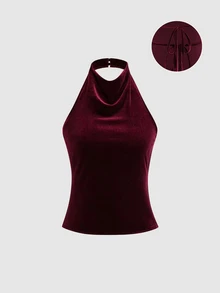 Sweetra Autumn Fashion Design New Elegant Commuter Draped Neck Draped Backless Tie-Up Deep Red Vintage Women's Tank Top For Daily Wear - Burgundy - View 1