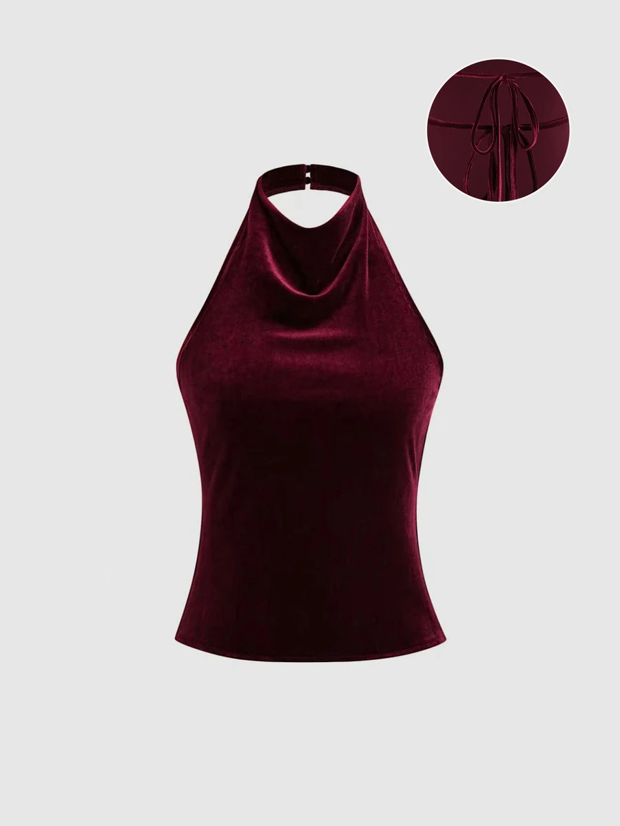 Sweetra Autumn Fashion Design New Elegant Commuter Draped Neck Draped Backless Tie-Up Deep Red Vintage Women's Tank Top For Daily Wear - Burgundy - View 1