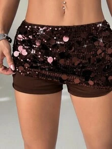 SHEIN PETITE 黑色緊身高腰超短女款迷你裙 - 棕色 - 查看 3