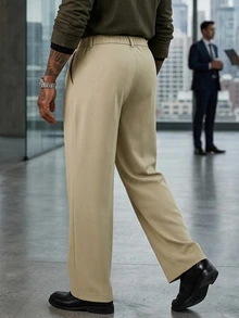 DAZY Spring/Autumn Commute Light Khaki Semi-Elastic Waist Slightly Loose Straight Leg Men's Pants - Khaki - View 2