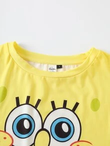 SpongeBob SquarePants | SHEIN Women's Round Neck Short Sleeve T-Shirt And Shorts Pajama Set - Yellow - View 3