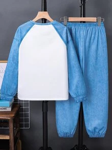 SHEIN 兒童青少年男孩休閒運動丹寧風籃球圖案衛衣與運動長褲套裝，適合秋冬、學校、家庭聚會、節日派對，秋季穿搭、冬季穿搭，男孩套裝兒童套裝 - 彩色 - 查看 5