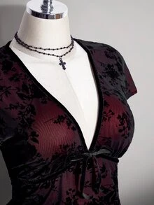 SHEIN ICON 大尺碼復古Y2K深V領花卉短袖收腰A字洋裝，返校穿搭，日常穿著，休閒度假，夏季洋裝 - 黑色 - 查看 6