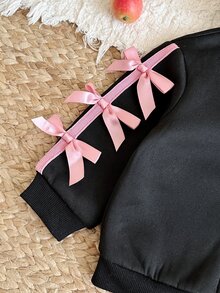 SHEIN 女嬰針織純色連帽對比色拼接3D蝴蝶結休閒上衣 - 黑色 - 查看 7