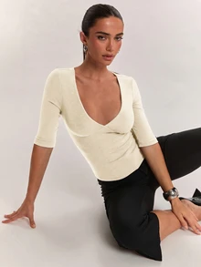 SHEIN BAE 女款柔軟舒適羊絨長袖上衣，適合日常外出、返校、通勤與辦公穿著 - 杏色 - 查看 7