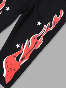 SHEIN Boys' Denim Overalls Long Pants, All Season, Soft Cotton, Classic Overalls Style, Flame Print Hem, Loose Fit Black Washed Denim Jumpsuit, Winter - Black - View 9