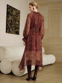 Arave Elegant Mature Style Lace Collar Waist-Cinching Design Flared Sleeve Geometric Print Side Slit Mid-Length Dress For Women - Multicolor - View 2