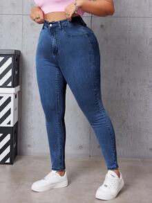 SHEIN EZwear 大尺碼女款高腰口袋修身休閒百搭牛仔褲 - 深色水洗藍 - 查看 1