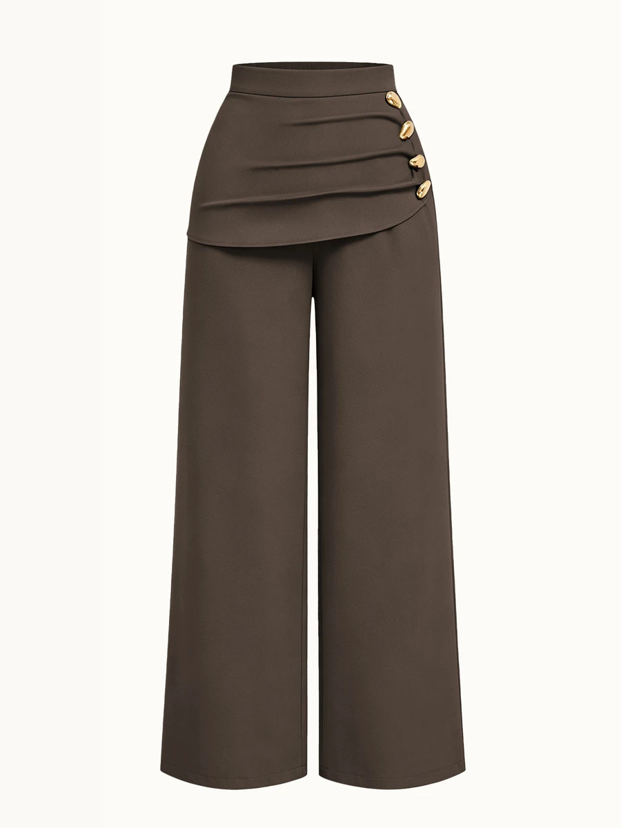 Sweetra Plus Size Women's Design 2 In 1 Metal Button Decor Straight Leg Trousers, Slimming Elegant Versatile Commuter Casual Pants, Autumn/Winter New Style - Brown - View 1