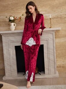 Moireta French Elegant Mature Velvet Long Sleeve Long Pants Women's Pajama Set - Burgundy - View 5