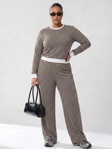 Solavibe Striped Two Piece Set, Plus Size Brown Crop Top & Flare Pants For Travel Hangout,Campus,Urban Stroll,Two Piece Set,Casual Sets,Back To School - Brown - View 5
