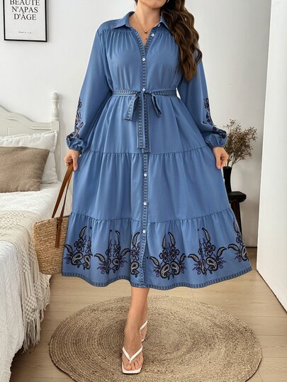 Easowa Curve Plus Size Vacation Fashion Paisley Print Button-Up Dress