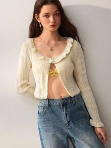 Willow Rêve Cardigan Rajut Pendek Wanita Warna Putih Krem, Kerah Bulat Berkerut dengan Manset Mengembang, Warna Polos Gaya Prancis Kasual Romantis, Cocok untuk Kencan dan Pesta Musim Gugur - Krim - View 6