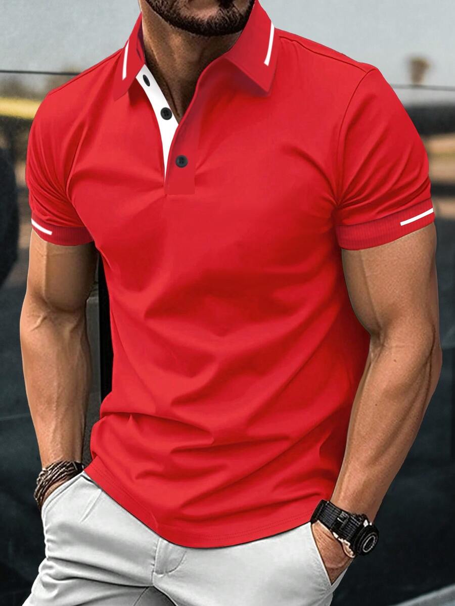 Manfinity Homme 男士拼色休閒百搭日常穿著短袖 Polo 衫 - 紅色 - 查看 1