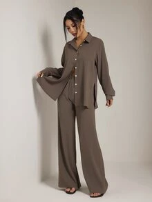 SHEIN PETITE Women's Casual Commute Solid Color Shirt And Pants Set - Brown - View 3