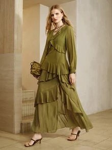 Arave Dress A-Line Maxi Chiffon V-Neck Ruffle Layered Pleated High Slit Sheer Long Sleeve Elegant Romantic Boho Olive Green Solid Holiday Date Party Autumn - Green - View 6