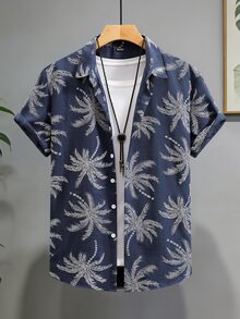 VENTUSAIL 男士時尚休閒度假風短袖襯衫，附仿刺繡設計 - 霧霾藍 - 查看 3