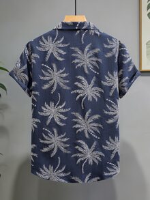 VENTUSAIL 男士時尚休閒度假風短袖襯衫，附仿刺繡設計 - 霧霾藍 - 查看 2