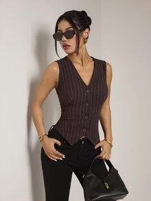 SHEIN PETITE Women's Petite Brown Striped V-Neck Sleeveless Lightweight Blazer - Brown - View 3