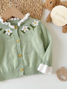 SHEIN 新生兒花卉刺繡圖案休閒日常毛衣 - 綠色 - 查看 8