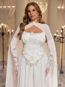 Elitara Plus Size Elegant Romantic Glamorous Sequin 3D Floral Applique Strapless Corset Cape Lace Long Sleeve 2 In 1 Ruched A-Line Wedding Gown For Events - White - View 4