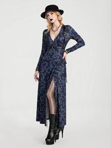 Breakform Gothic Goth Halloween Sexy Long Printed Lace-Up Long Sleeve Dress With Snake Pattern, Dark Romantic Style Night Fall - Multicolor - View 1