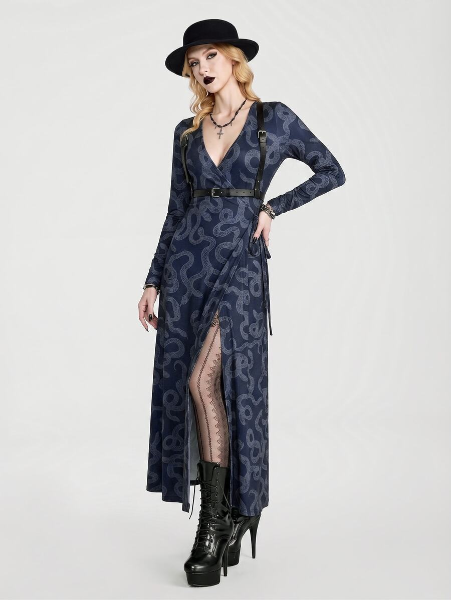 Breakform Gothic Goth Halloween Sexy Long Printed Lace-Up Long Sleeve Dress With Snake Pattern, Dark Romantic Style Night Fall - Multicolor - View 1