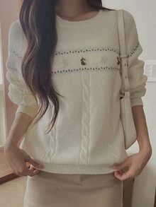 DAZY Women's Colorblock Pattern Jacquard Loose Long Sleeve Cable Knit Pullover Sweater, Casual Vacation Spring/Autumn - White - View 2