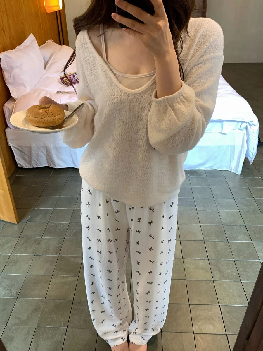 DAZY Women's Solid Color Drop Shoulder Long Sleeve Top, Camisole And Bow Pattern Long Pants Pajama Set Fall - White - View 1