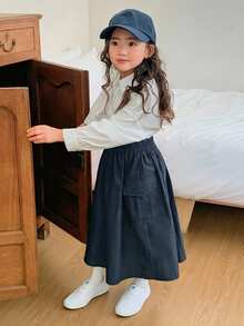 Dazy Kids تنورة كاجوال متعددة الاستخدامات بلون موحد للبنات المراهقات للاستخدام اليومي في فصل الخريف - أزرق بحري - مشاهدة 1