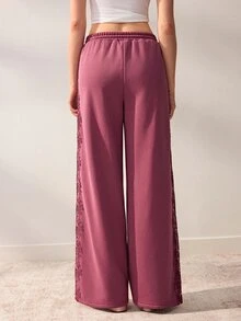 Willow Rêve Women's Purple Loose Straight Leg Patchwork Wide Leg Pants, Side Lace Trim With Drawstring Elastic Waist, Solid Color Casual Romantic Bohemian Style, Suitable For Autumn Vacation And Travel Outfits - Rose Red - View 2