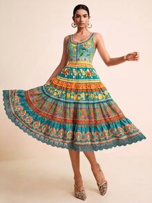 LOTSLUV Women's Spring/Summer Vacation Elegant Colorful Gradient Placement Print U-Neck Sleeveless Ruched Waist Patchwork Lace Trim Print Dress - Olive Green - View 6